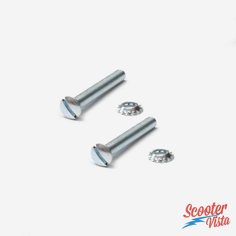 Two metal screws with washers on a white background, featuring the 'Scooter Vista' brand.
