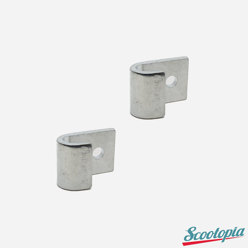 Two metal brackets on a white background with 'Scootopia' branding.
